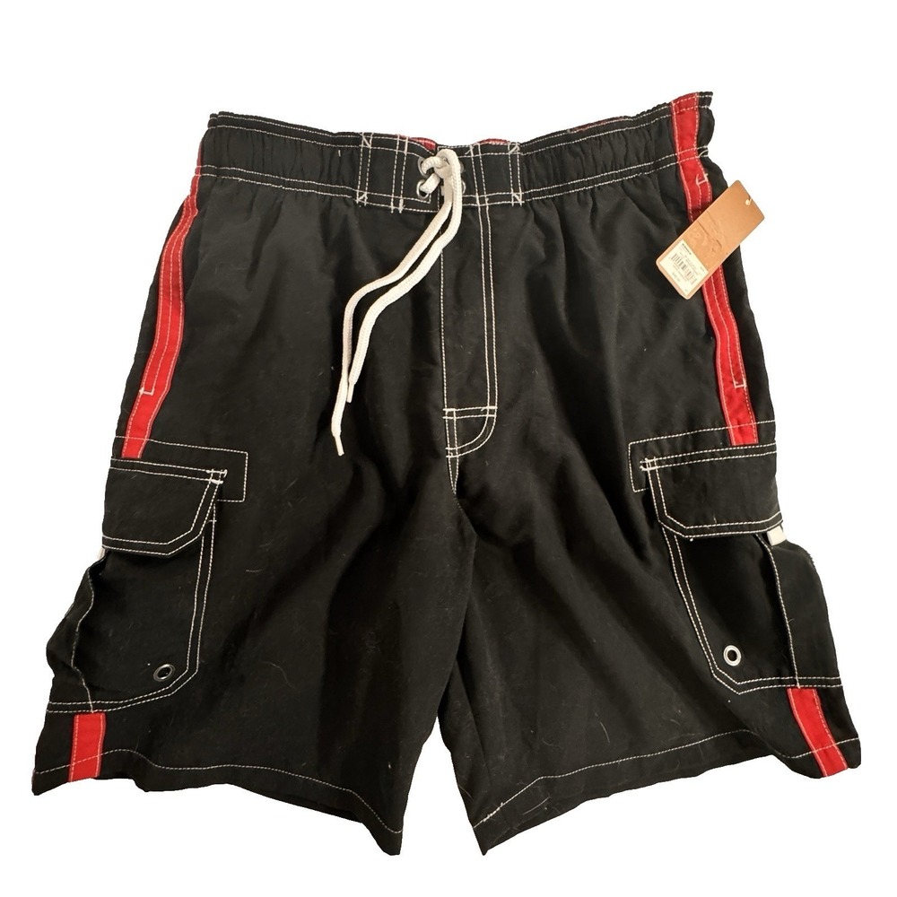 NWT Sonoma Swim Trunks Men's Large 9" Board Shorts‎ Pockets Quick Dry Black/Red